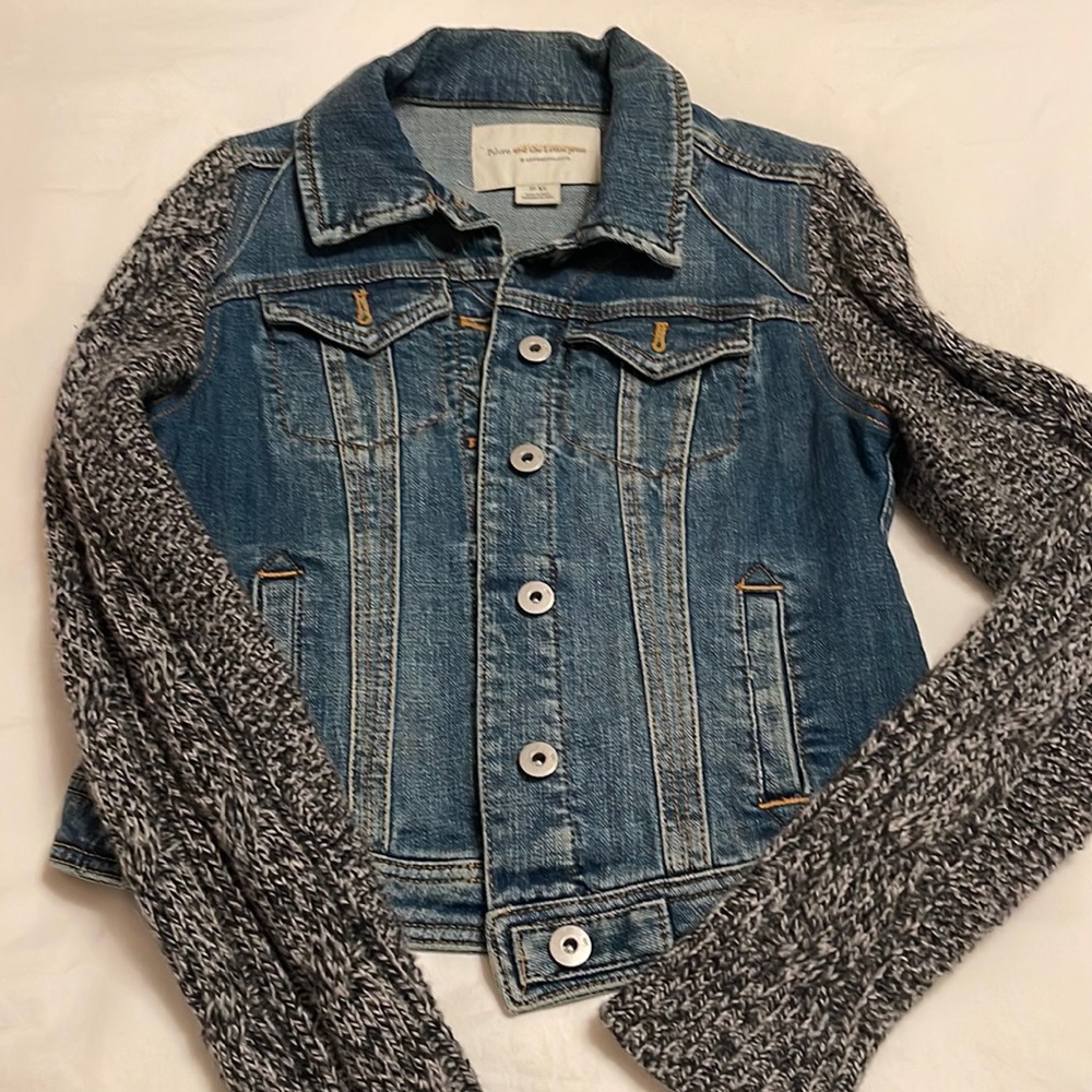 Jean jacket with knit sleeves. Excellent condition. Purchased from Anthropologie